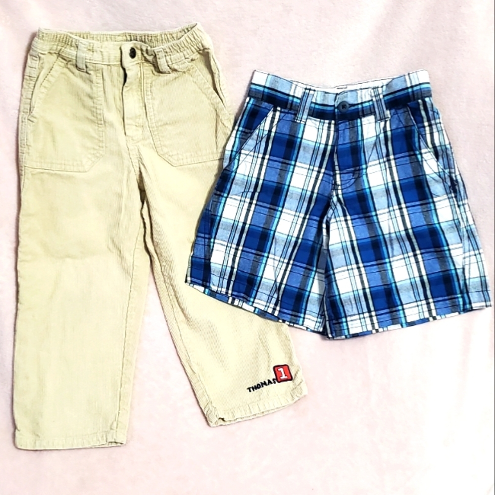 Boys' 2 Lot, 4T, Like New:Thomas the Tank Tan Corduroy Pants & Blue Plaid Shorts